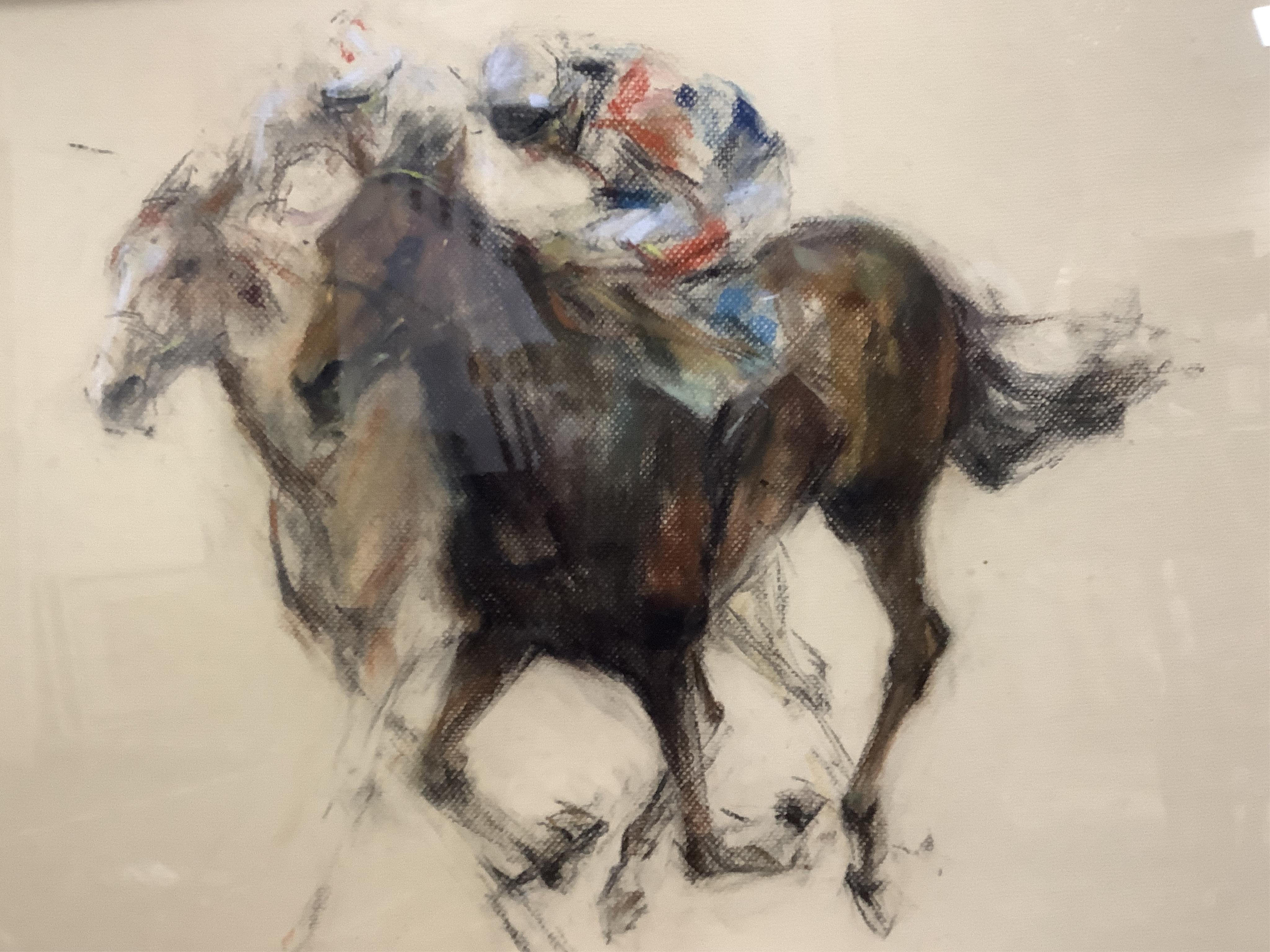 20th century pastel, Galloping racehorses with jockeys, indistinctly signed, 45 x 60cm. Condition - fair